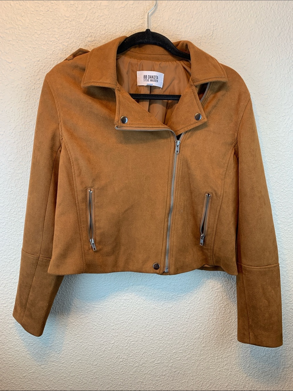BB Dakota Steve Madden faux suede tan jacket sz L cropped fall western boho * - Picture 7 of 7
